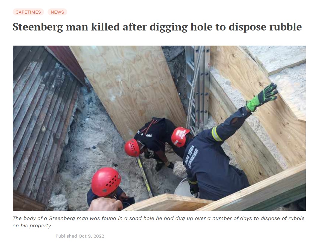 自ら掘った深い穴に埋もれて43歳男性が死亡（画像は『IOL　2022年10月9日付「Steenberg man killed after digging hole to dispose rubble」』のスクリーンショット）