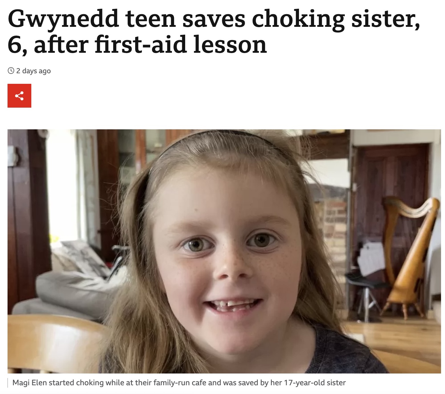 応急処置の訓練を受けたばかりの姉に助けてもらった少女（画像は『BBC News　2022年10月23日付「Gwynedd teen saves choking sister, 6, after first-aid lesson』のスクリーンショット）