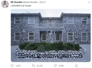 最終的には家の外壁も自身の作品で埋め尽くした（画像は『Mr Doodle　2022年10月2日付Twitter「I doodled my house」』のスクリーンショット）