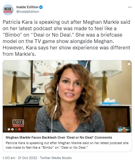 メーガン妃の発言を完全否定したパトリシア・カーラ（画像は『Inside Edition　2022年10月21日付Twitter「Patricia Kara is speaking out after Meghan Markle said on her latest podcast she was made to feel like a “Bimbo” on “Deal or No Deal.”」』のスクリーンショット）