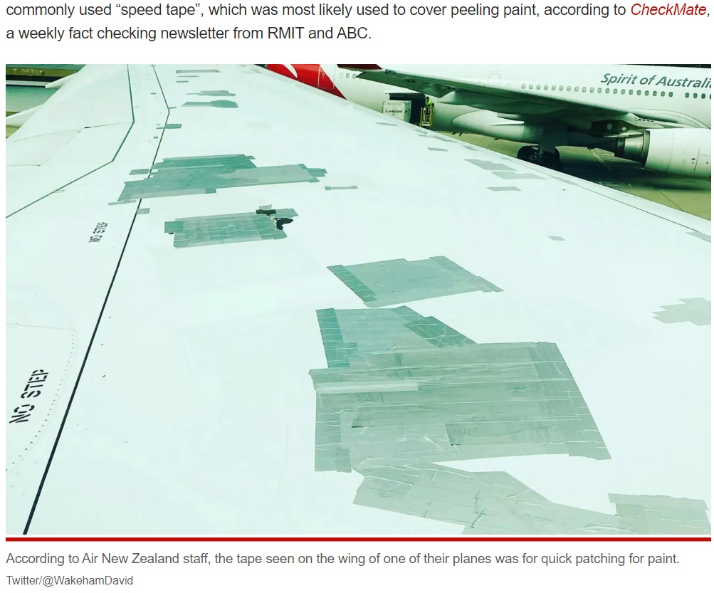 機体を簡易的に補強していると思われたが…（画像は『New York Post　2022年10月2日付「Airline explains why plane wing covered in duct tape after photo goes viral」（Twitter/＠WakehamDavid）』のスクリーンショット）