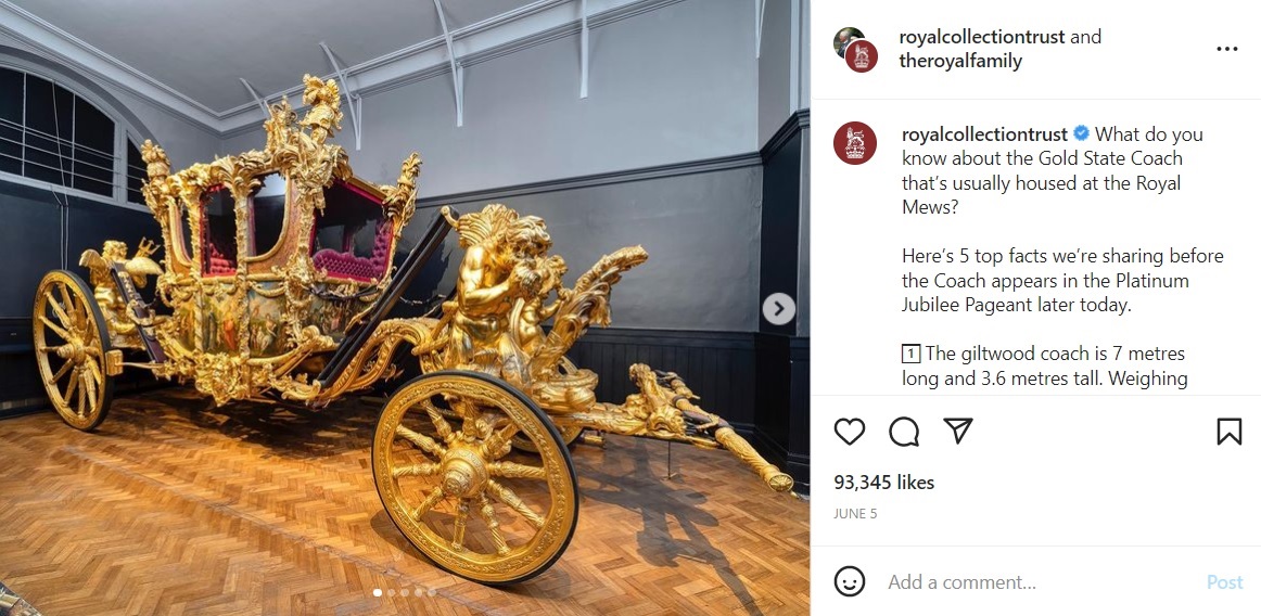 チャールズ国王が乗る予定のゴールド・ステート・コーチ（画像は『Royal Collection Trust　2022年6月5日付Instagram「What do you know about the Gold State Coach that’s usually housed at the Royal Mews?」』のスクリーンショット）