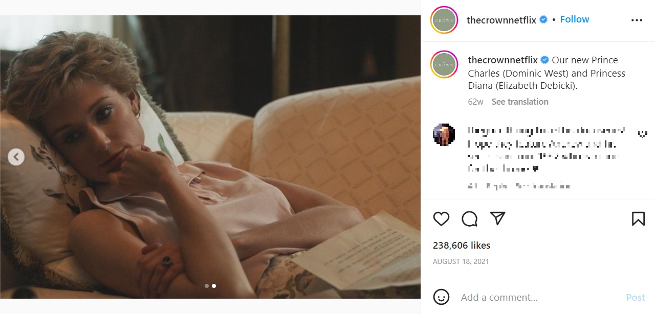 『ザ・クラウン』シーズン5で、エリザベス・デビッキが演じたダイアナ妃（画像は『The Crown　2021年8月17日付Instagram「Our new Prince Charles （Dominic West）and Princess Diana （Elizabeth Debicki）.」』のスクリーンショット）