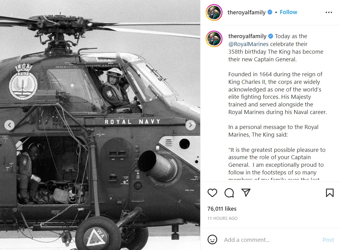 英国海兵隊ではヘリコプター・パイロットの訓練を受けた（画像は『The Royal Family　2022年10月28日付Instagram「Today as the ＠RoyalMarines celebrate their 358th birthday The King has become their new Captain General.」』のスクリーンショット）