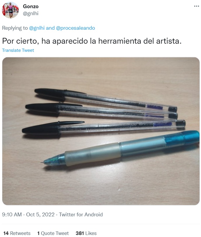 芸術的なカンニング用ボールペンを生み出した道具（画像は『Gonzo　2022年10月5日付Twitter「Por cierto, ha aparecido la herramienta del artista.」』のスクリーンショット）