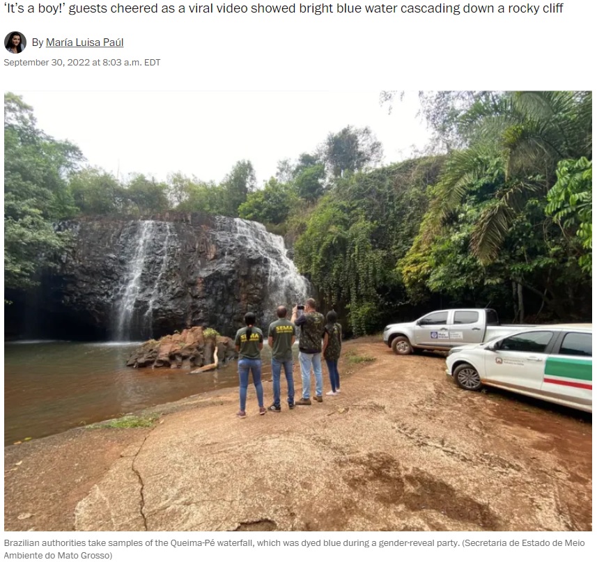 滝を調査するブラジル当局（画像は『The Washington Post　2022年9月30日付「They dyed a waterfall for a gender reveal. An investigation followed.」（Secretaria de Estado de Meio Ambiente do Mato Grosso）』のスクリーンショット）