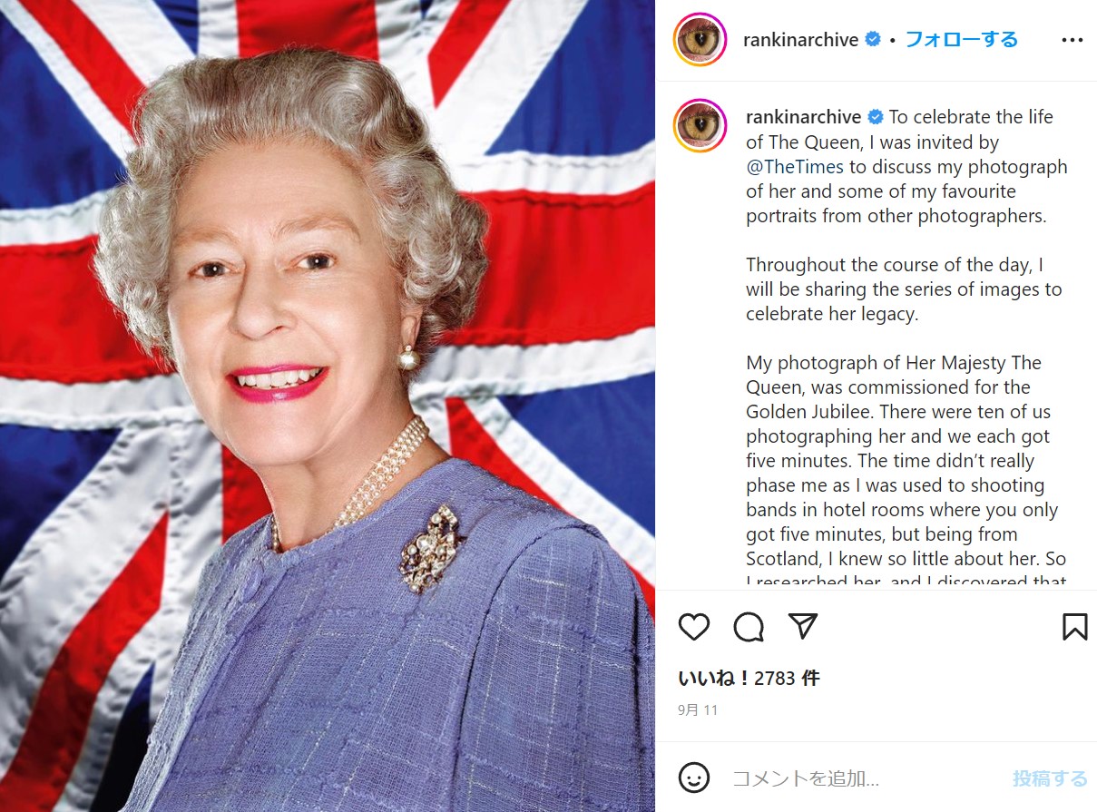ランキン氏が撮影したエリザベス女王のポートレート。女王の即位50周年「ゴールデン・ジュビリー」を記念するものだ（画像は『rankin　2022年9月11日付Instagram「To celebrate the life of The Queen,」』のスクリーンショット）
