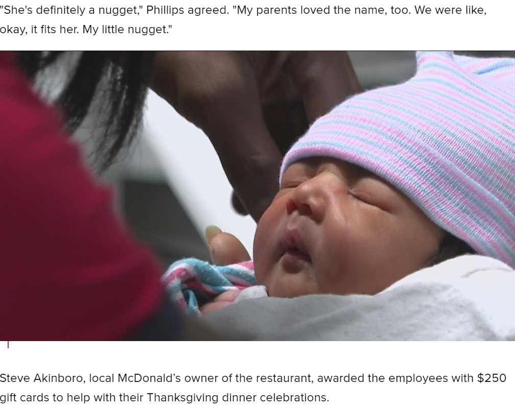 マクドナルドのトイレで誕生した女児（画像は『11Alive　2022年11月24日付「‘Catch the baby’ | Employees, fiancé help deliver baby in McDonald’s bathroom」』のスクリーンショット）