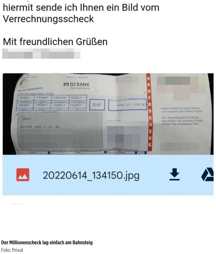 アヌアルさんが発見した小切手（画像は『BILD.de　2022年11月10日付「Haribo macht Finder nicht froh」（Foto: Privat）』のスクリーンショット）