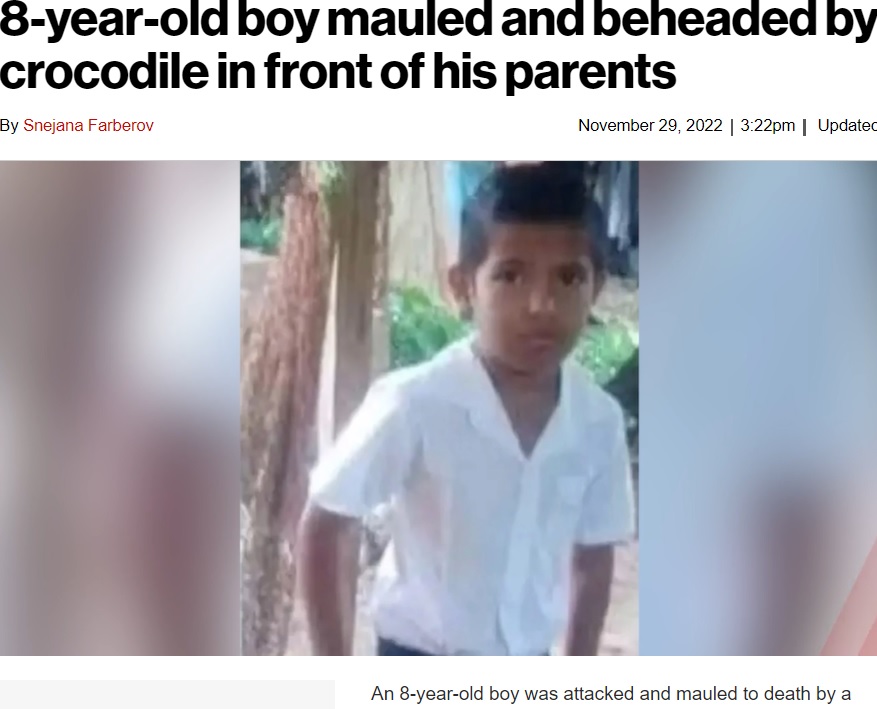 ワニに襲われた8歳男児（画像は『New York Post　2022年11月29日付「8-year-old boy mauled and beheaded by crocodile in front of his parents」』のスクリーンショット）