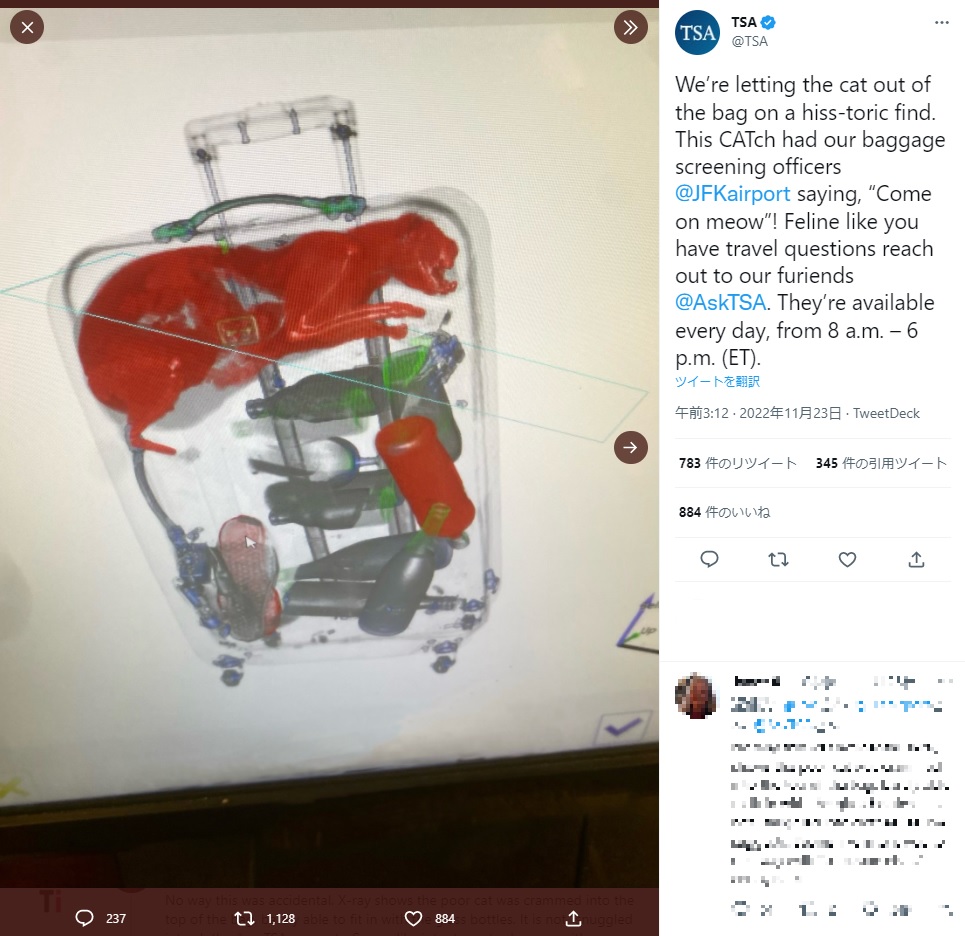 X線検査装置の画面には謎の影が（画像は『TSA　2022年11月23日付Twitter「We’re letting the cat out of the bag on a hiss-toric find.」』のスクリーンショット）