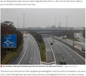 事故が発生した高速道路「M6」（画像は『Daily Record　2022年11月25日付「Pensioner driving Porsche Boxster ‘travelling wrong way on motorway’ when girl, 3, killed in crash」（Image: Liverpool Echo）』のスクリーンショット）