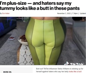 『New York Post』がステラさんを取り上げる（画像は『New York Post　2022年11月3日付「I’m plus-size ― and haters say my tummy looks like a butt in these pants」』のスクリーンショット）