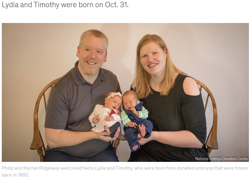 およそ30年前に凍結した胚から誕生した双子（画像は『Good Morning America　2022年11月22日付「Couple welcome twins from embryos frozen 30 years ago」（National Embryo Donation Center）』のスクリーンショット）