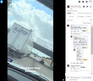 ドライブレコーダーが捉えたトラックの荷台の上の男性（画像は『Grizzy’s Hood News　2022年11月11日付Facebook「Prayers for this man.」』のスクリーンショット）