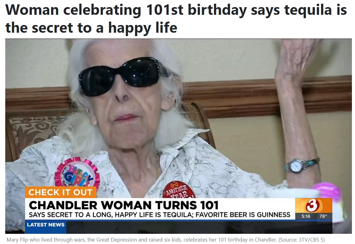 101歳の誕生日にインタビューに応じた女性（画像は『NBC15　2022年11月3日付「Woman celebrating 101st birthday says tequila is the secret to a happy life」（Source: 3TV/CBS 5）』のスクリーンショット）