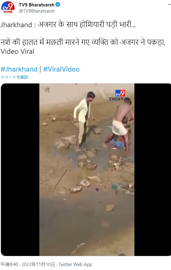大蛇を引き離そうとする子供たち（画像は『TV9 Bharatvarsh　2022年11月10日付Twitter「Jharkhand : अजगर के साथ होशियारी पड़ी भारी...」』のスクリーンショット）