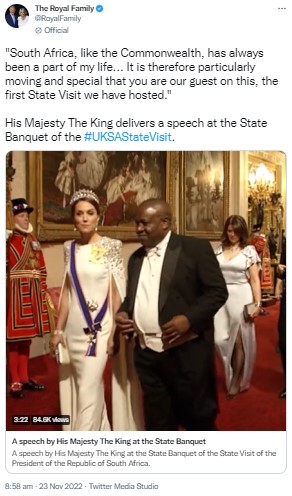 故ダイアナ妃のティアラをつけるキャサリン皇太子妃（画像は『The Royal Family　2022年11月23日付Twitter「South Africa,」』のスクリーンショット）
