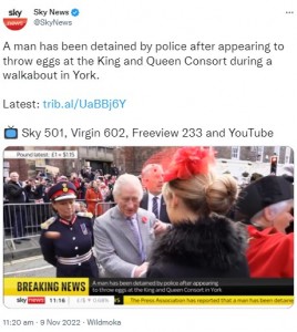 国王の横を飛んでいった生卵（画像は『Sky News　2022年11月9日付Twitter「A man has been detained by police after appearing to throw eggs at the King and Queen Consort during a walkabout in York.」』のスクリーンショット）