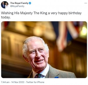 バッキンガム宮殿も国王の誕生日を祝福（画像は『The Royal Family　2022年11月14日付Twitter「Wishing His Majesty The King a very happy birthday today.」』のスクリーンショット）