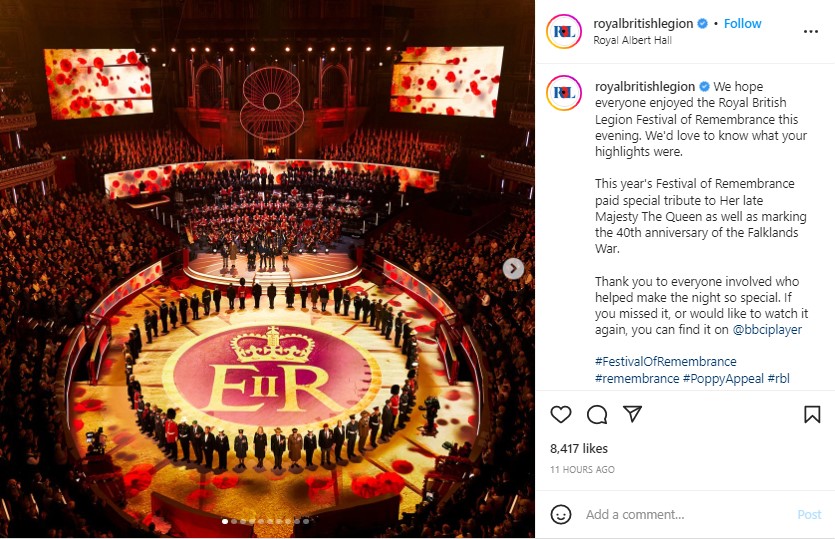 女王への追悼が行われたロイヤル・アルバート・ホール（画像は『Royal British Legion　2022年11月12日付Instagram「We hope everyone enjoyed the Royal British Legion Festival of Remembrance this evening.」』のスクリーンショット）