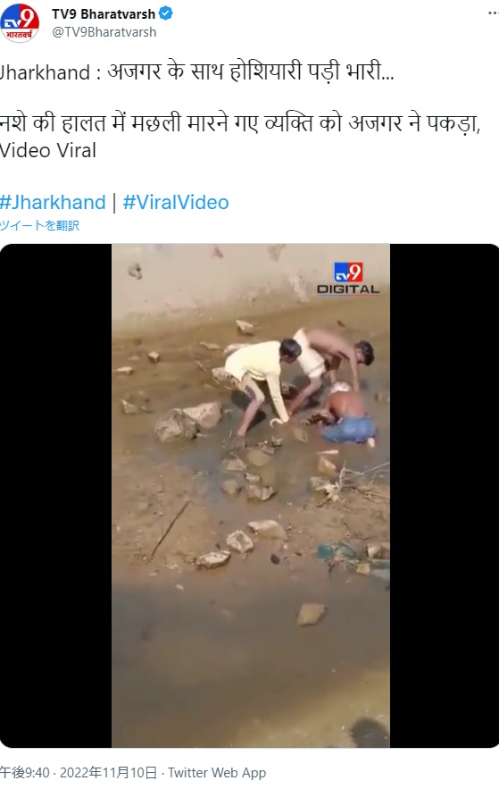 なんとか助けようとする子供たち（画像は『TV9 Bharatvarsh　2022年11月10日付Twitter「Jharkhand : अजगर के साथ होशियारी पड़ी भारी...」』のスクリーンショット）