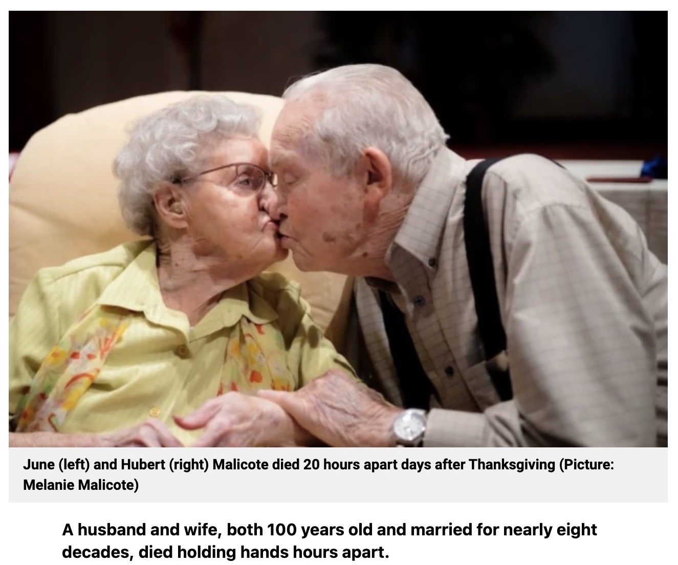 7月に100歳を迎えたジューンさんとヒューバートさん（画像は『Metro　2022年12月7日付「Couple die holding hands just hours apart after being married for 80 years」（Picture: Melanie Malicote）』のスクリーンショット）