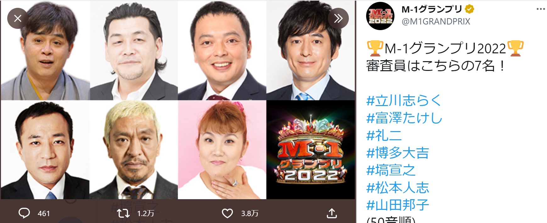 山田邦子は初選出（画像は『M-1グランプリ　2022年12月11日付Twitter「M-1グランプリ2022 審査員はこちらの7名！」』のスクリーンショット）