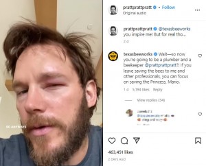 蜂に刺されて真っ赤に腫れ上がった、クリスの瞼（画像は『Chris Pratt　2022年12月22日付Instagram「＠texasbeeworks you inspire me!」』のスクリーンショット）
