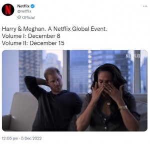 番組は12月8日と15日の2つのパートに分けて配信と発表（画像は『Netflix　2022年12月5日付Twitter「Harry ＆ Meghan.」』のスクリーンショット）