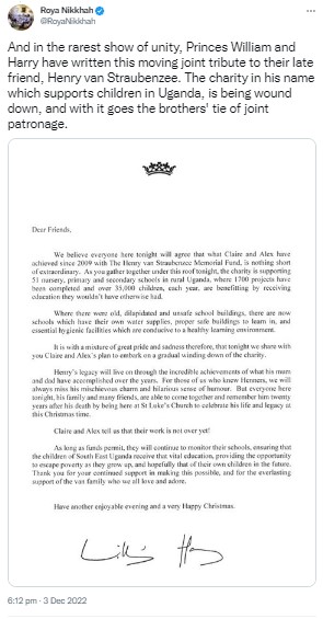 手紙にはウィリアム皇太子とヘンリー王子の署名が並ぶ（画像は『Roya Nikkhah　2022年12月3日付Twitter「And in the rarest show of unity」』のスクリーンショット）