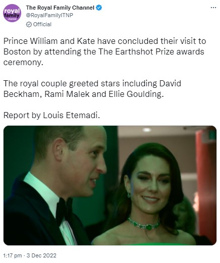 キャサリン皇太子妃の首には、故ダイアナ妃が愛用したチョーカーが（画像は『The Royal Family Channel　2022年12月3日付Twitter「Prince William and Kate have concluded their visit to Boston by attending the The Earthshot Prize awards ceremony.」』のスクリーンショット）