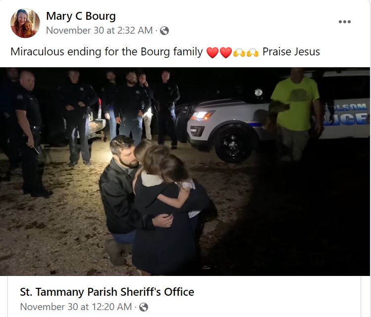 両親と涙の再会（画像は『Mary C Bourg　2022年11月30日付Facebook「Miraculous ending for the Bourg family」』のスクリーンショット）