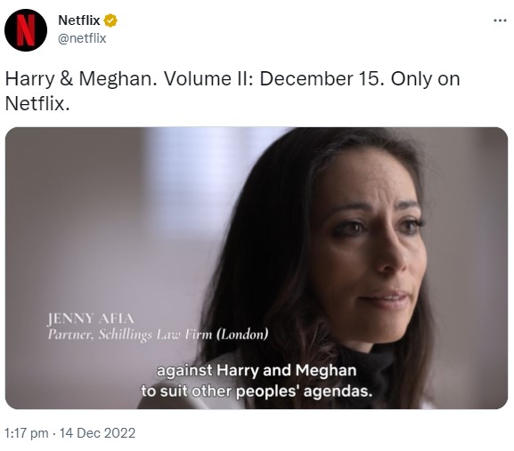 メーガン妃の英国のプライベート弁護士ジェニー・アフィア氏（画像は『Netflix　2022年12月14日付Twitter「Harry ＆ Meghan.」』のスクリーンショット）