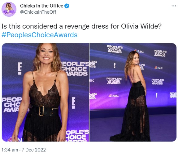 大胆なドレスを着てレッドカーペットに立つオリヴィア（画像は『Chicks in the Office　2022年12月7日付Twitter「Is this considered a revenge dress for Olivia Wilde?」』のスクリーンショット）