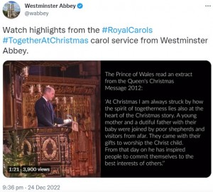 故エリザベス女王のクリスマスメッセージを朗読したウィリアム皇太子（画像は『Westminster Abbey　2022年12月24日付Twitter「Watch highlights from the ＃RoyalCarols」』のスクリーンショット）