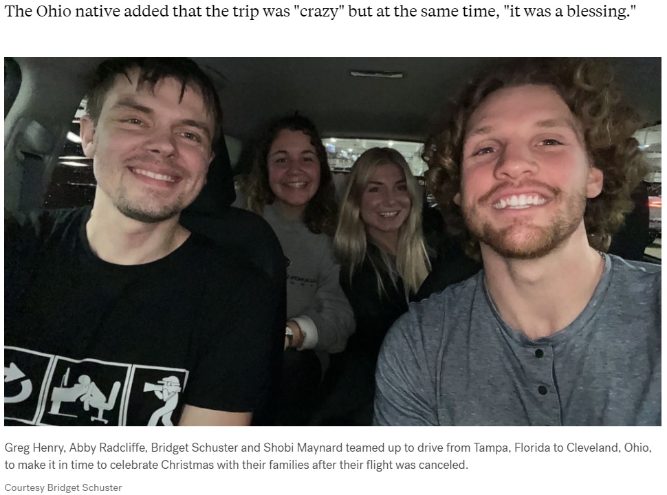 SNSでは4人それぞれにファンがつくように（画像は『ABC News　2022年12月28日付「4 strangers road trip from Florida to Ohio after flight cancellation」（Courtesy Bridget Schuster）』のスクリーンショット）
