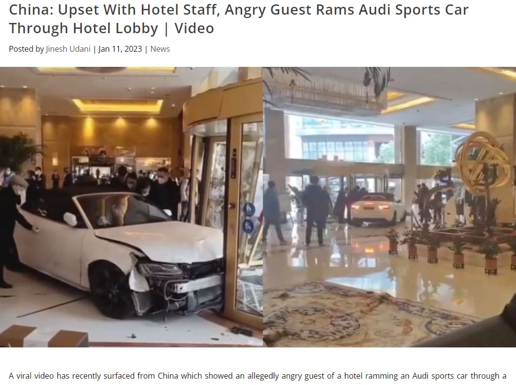 騒然とするホテルのロビー（画像は『NextShark.com　2023年1月11日付「Video: Angry guest rams car through hotel lobby in China」』のスクリーンショット）