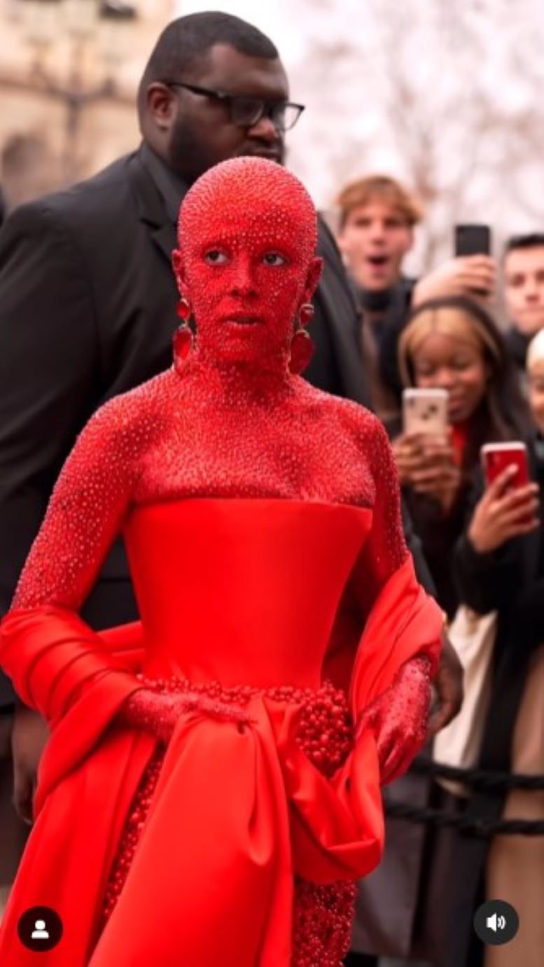 全身真っ赤なドージャ・キャットはまるで「歩くルビー」（画像は『Schiaparelli　2023年1月23日付Instagram「Doja Cat Couture」』のスクリーンショット）