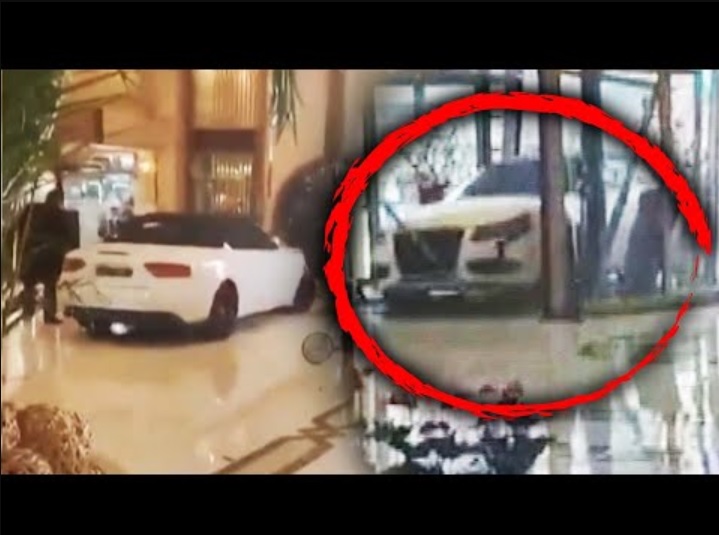 ホテルのロビーに突っ込んだ車（画像は『Inside Edition　2023年1月13日公開 YouTube「Angry Guest Drives Sports Car Into Hotel Lobby」』のサムネイル）