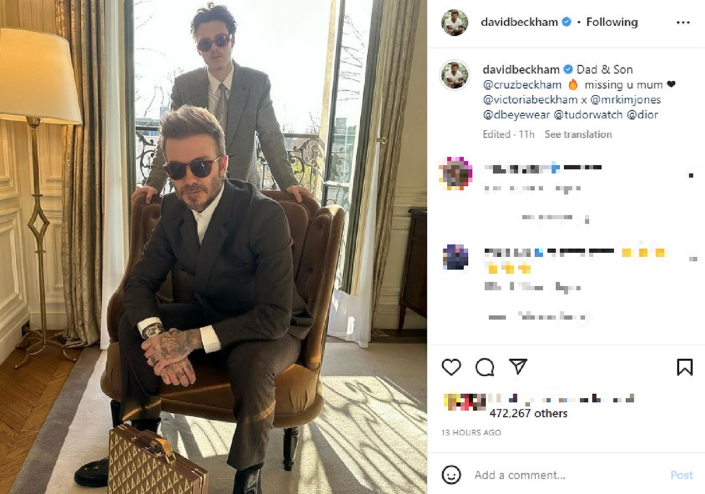 クルスとデヴィッドの親子ショット（画像は『David Beckham　2023年1月20日付Instagram「Dad ＆ Son」』のスクリーンショット）