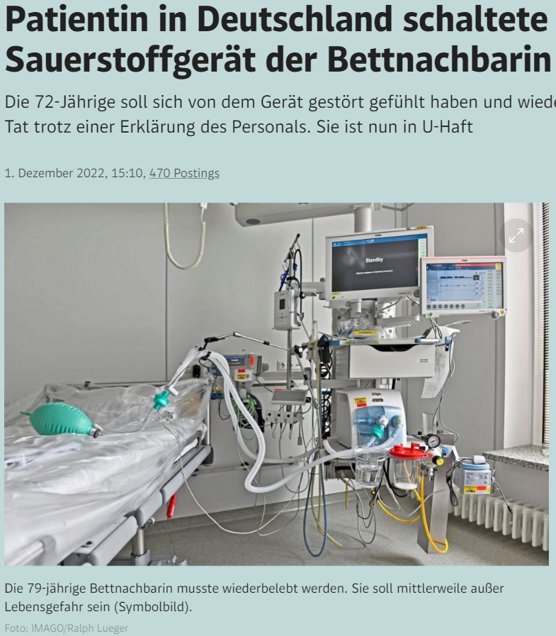 女は人工呼吸器の電源を2度も切っていた（画像は『derStandard.de　2022年12月1日付「Patientin in Deutschland schaltete Sauerstoffgerät der Bettnachbarin ab」（Foto: IMAGO/Ralph Lueger）』のスクリーンショット）