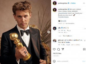 ゴールデン・グローブ賞主演男優賞を獲得したオースティン（画像は『Golden Globes　2023年1月11日付Instagram「We were robbed when Golden Globe WINNER ＠austinbutler」』のスクリーンショット）