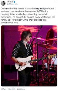 訃報を伝えたジェフの公式Twitter（画像は『Jeff Beck　2023年1月11日付Twitter「On behalf of his family,」』のスクリーンショット）