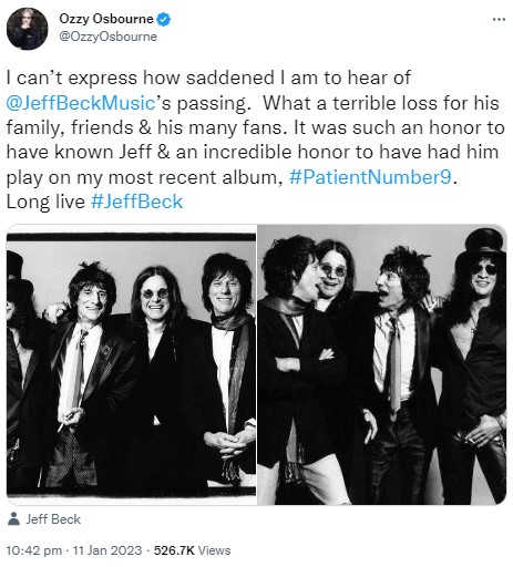 ジェフとの写真を公開したオジー（画像は『Ozzy Osbourne　2023年1月11日付Twitter「I can’t express how saddened I am to hear of ＠JeffBeckMusic’s passing.」』のスクリーンショット）