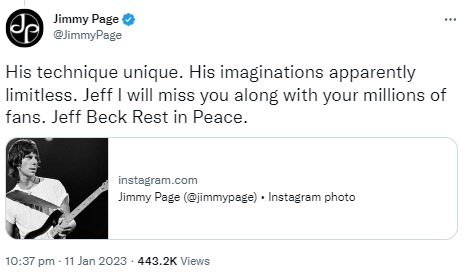 「独特のテクニックと無限の想像力があった」と綴ったジミー（画像は『Jimmy Page　2023年1月11日付Twitter「His technique unique.」』のスクリーンショット）