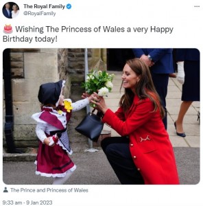 チャールズ国王夫妻によるキャサリン皇太子妃への祝福メッセージ（画像は『The Royal Family　2023年1月9日付Twitter「Wishing The Princess of Wales a very Happy Birthday today!」』のスクリーンショット）
