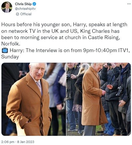 ノーフォーク州の教会前に現れたチャールズ国王（画像は『Chris Ship　2023年1月8日付Twitter「Hours before his younger son,」』のスクリーンショット）
