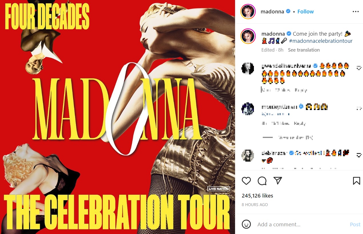 「セレブレーション・ツアー」の開催を伝えるポスター（画像は『Madonna　2023年1月17日付Instagram「Come join the party!」』のスクリーンショット）