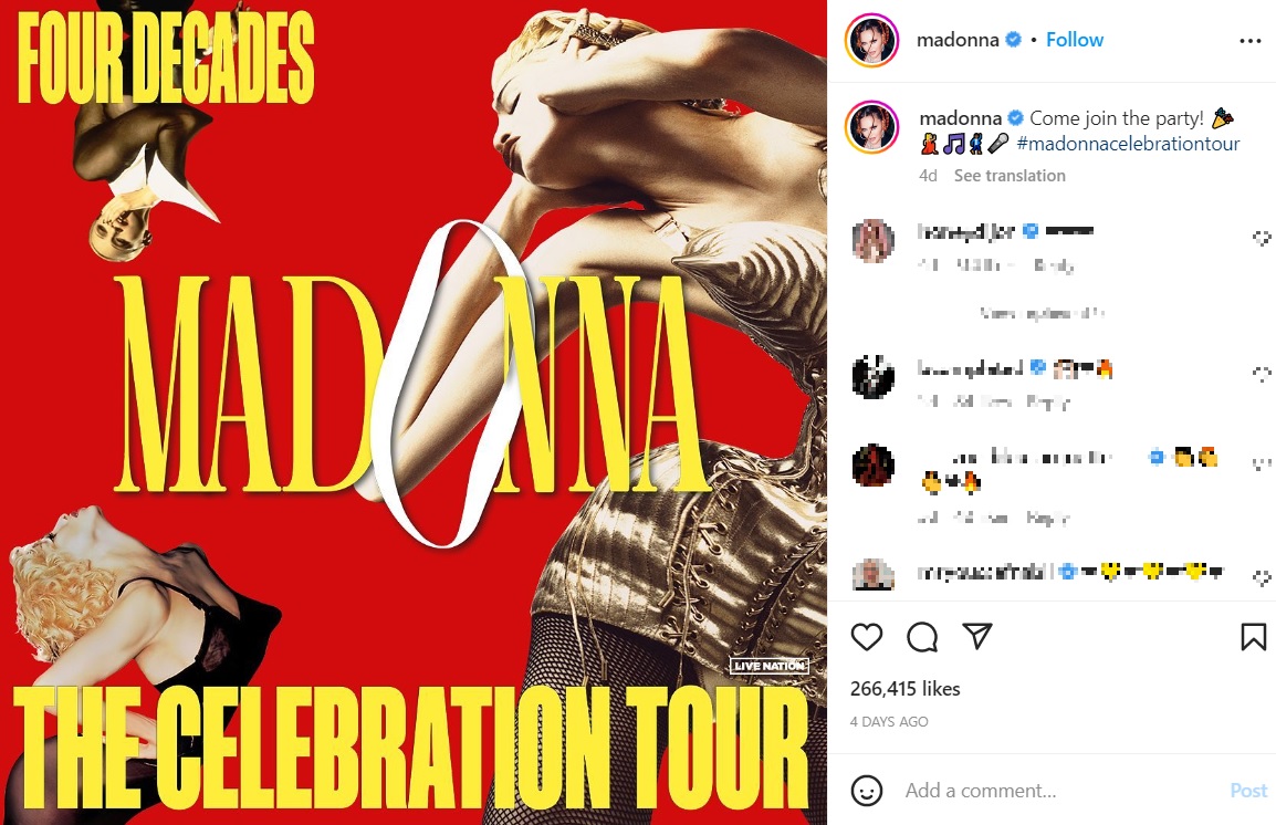 「セレブレーション・ツアー」開催を発表したマドンナ（画像は『Madonna　2023年1月17日付Instagram「Come join the party!」』のスクリーンショット）